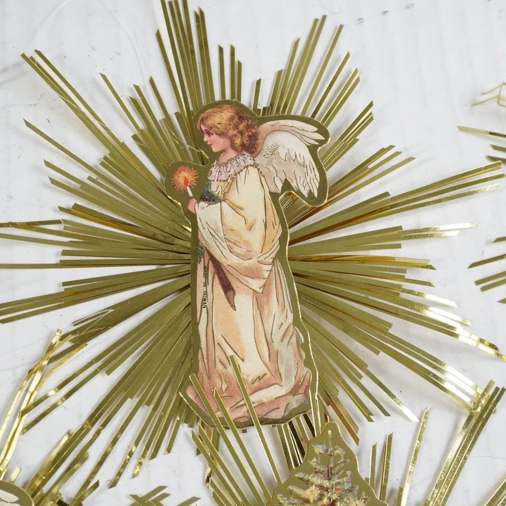 8 Vintage Victorian‎ Style Gold Foil Starburst Angel Paper Christmas Ornaments